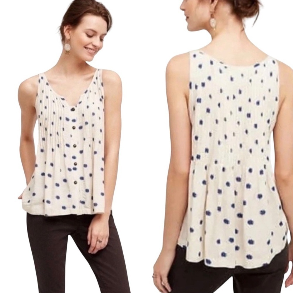 Anthropologie Maeve Soana Swing Top Pleated Beige with Navy Polka Dots Size 0